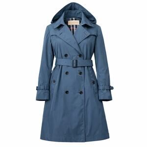 Burberry London Blue Trench Coat Women Hooded Belted Nova Check Lined Size 14
